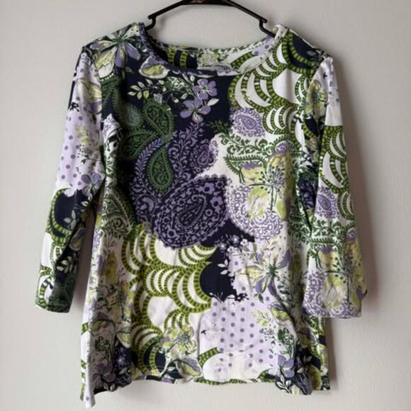 Christopher & Banks Purple & Green Top 3/4 Sleeves Floral & Paisley - Picture 1 of 5